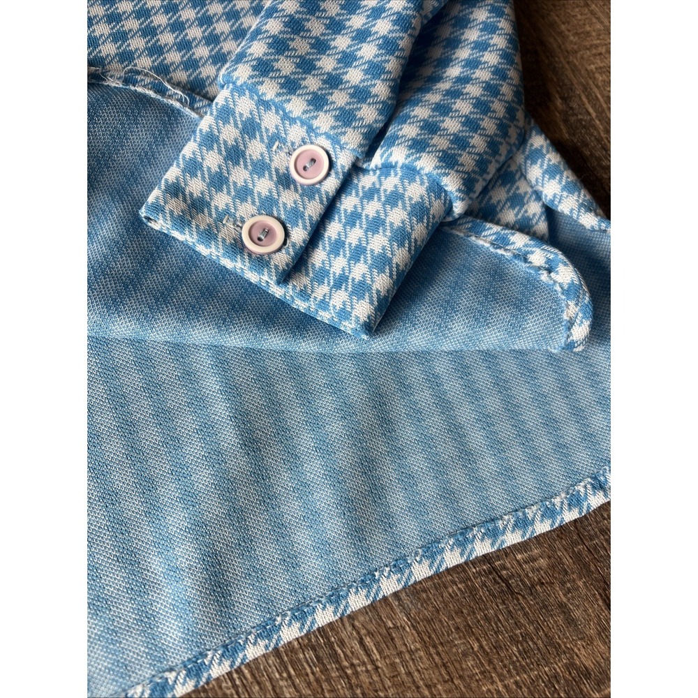 Vintage 70s Houndstooth Knit Shirt Blue Disco Wing Collar Womens M/L - Picture 7 of 10